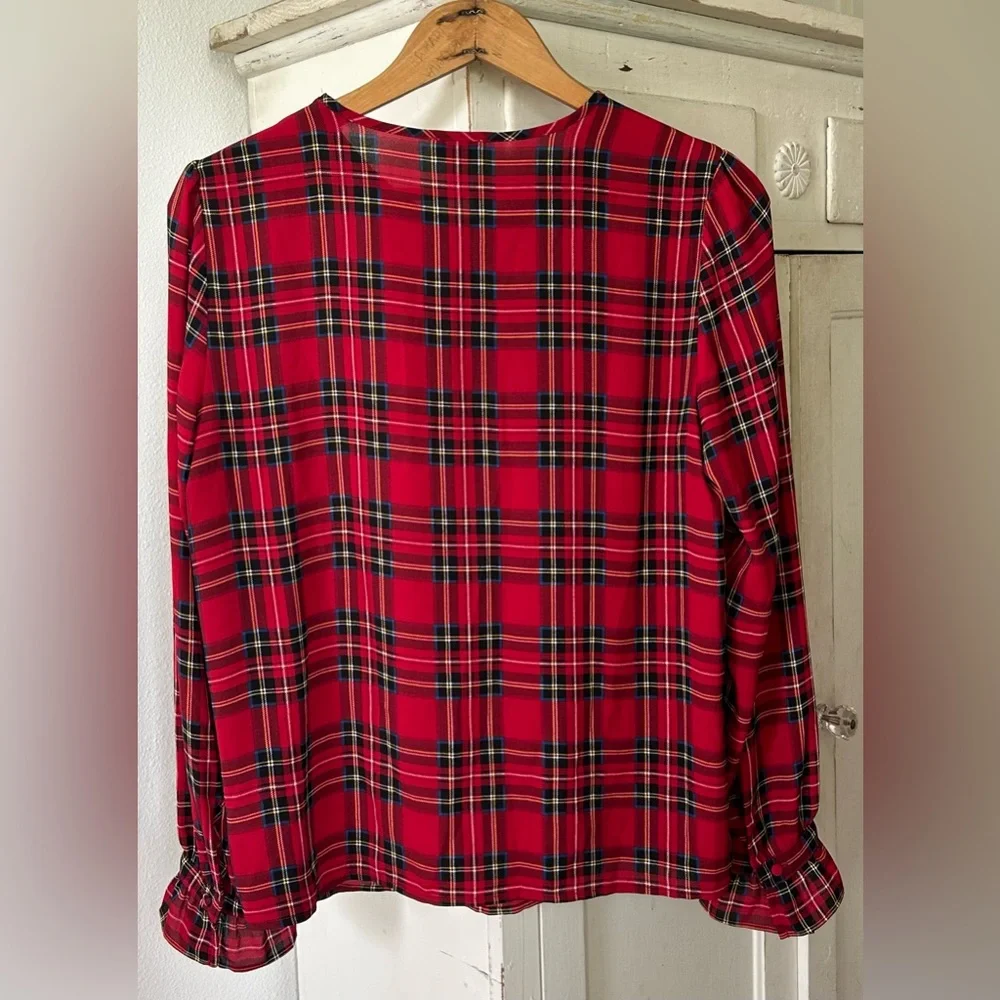 J. Crew | Women’s Red/Multi Tartan Plaid Crewneck Ruffle Sleeve Hems Top, Size S